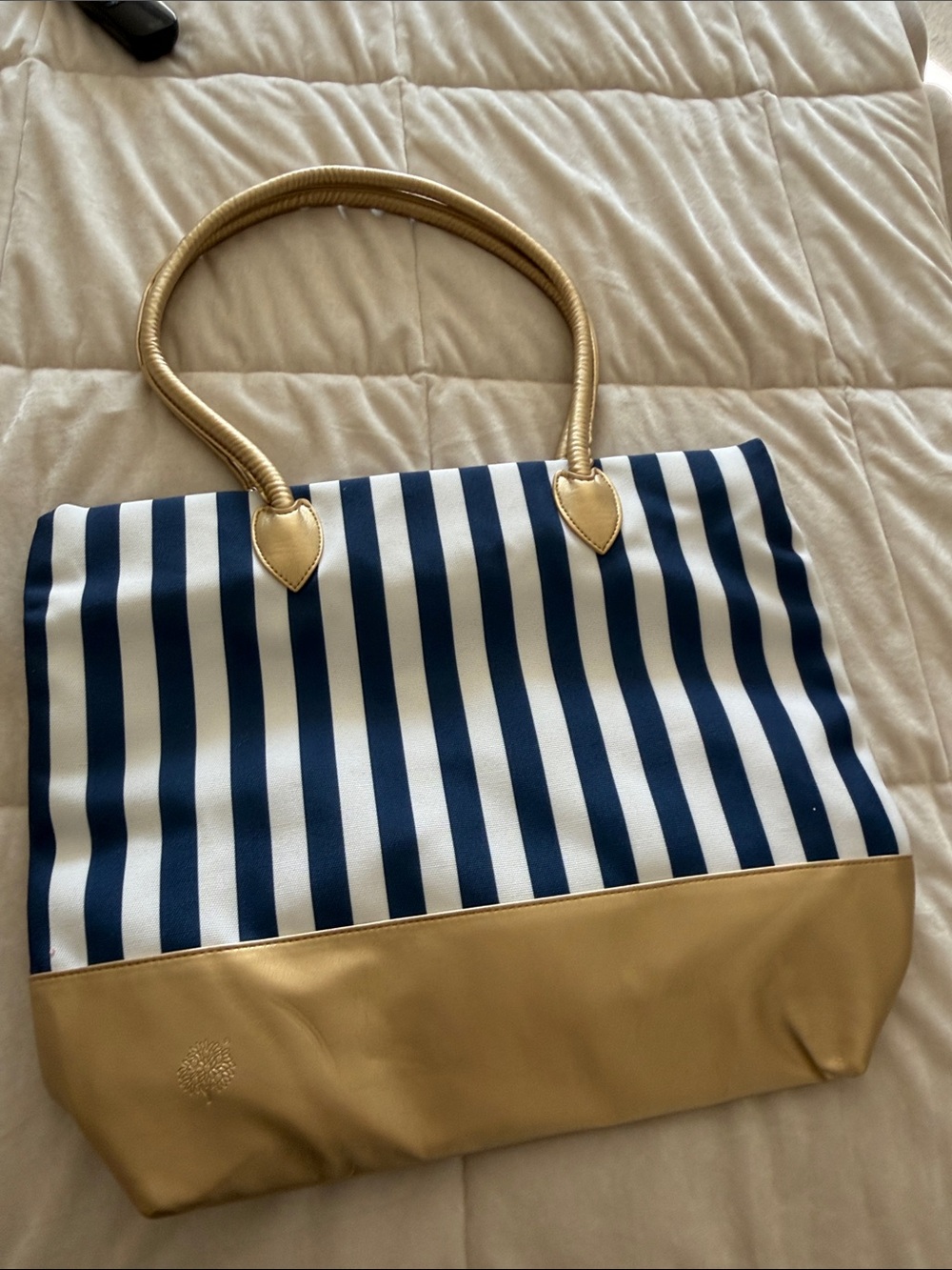 Striped Navy and White Tote with Gold Accents